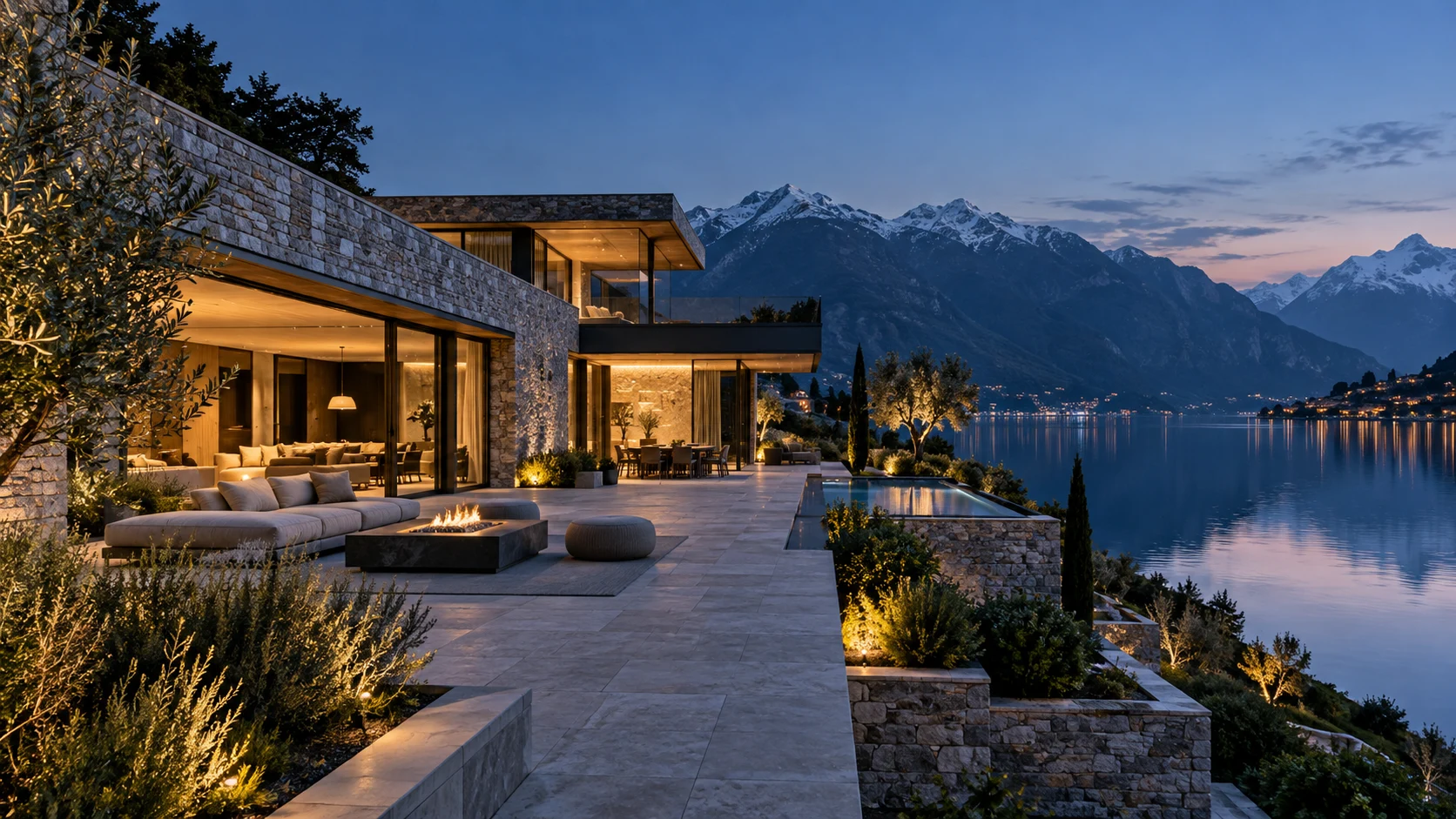Architekturvisualisierung einer modernen Villa am See mit Naturstein, Glas und grosszügiger Terrasse